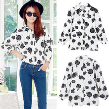 women black rose printed shirts floral three quarter batwing sleeves loose button blusas femininas ladies work shirt J4U66