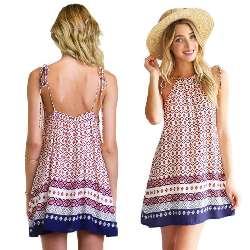 Fashion Women Boho Dress loose Printed Halter Style Sleeveless Hippie Mini Dress Plus Size Women Clothing Vestidos Beige J4U66