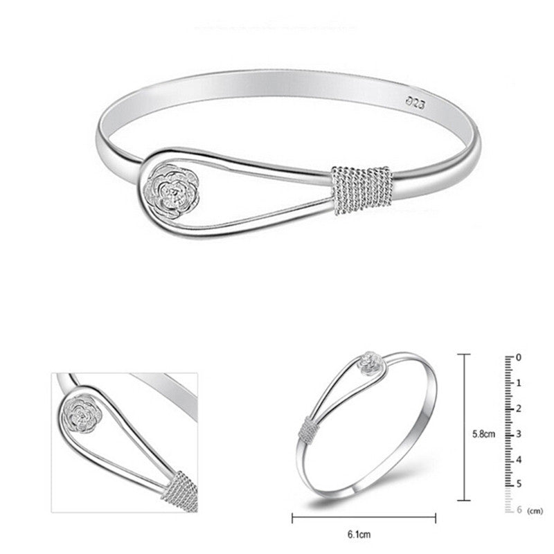Women Bracelet Silver Plated Simple Rose Cuff Bangle Bracelet Jewelry J4U66