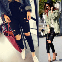 Women Casual Black High Waist Torn Jeans Hole Knee Skinny Pencil Pants Denim Ripped Jeans For Women J4U66