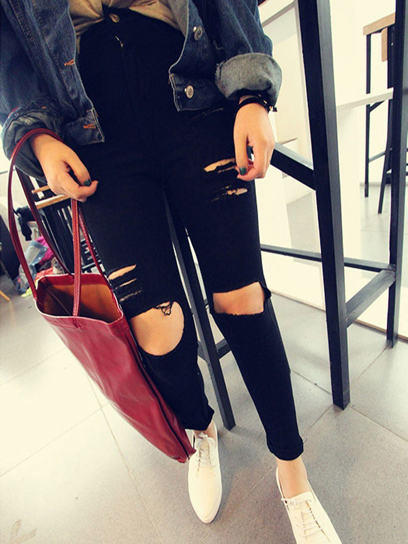 Women Casual Black High Waist Torn Jeans Hole Knee Skinny Pencil Pants Denim Ripped Jeans For Women J4U66