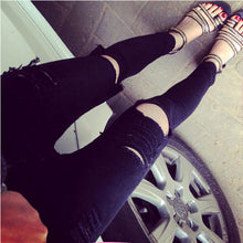 Women Casual Black High Waist Torn Jeans Hole Knee Skinny Pencil Pants Denim Ripped Jeans For Women J4U66