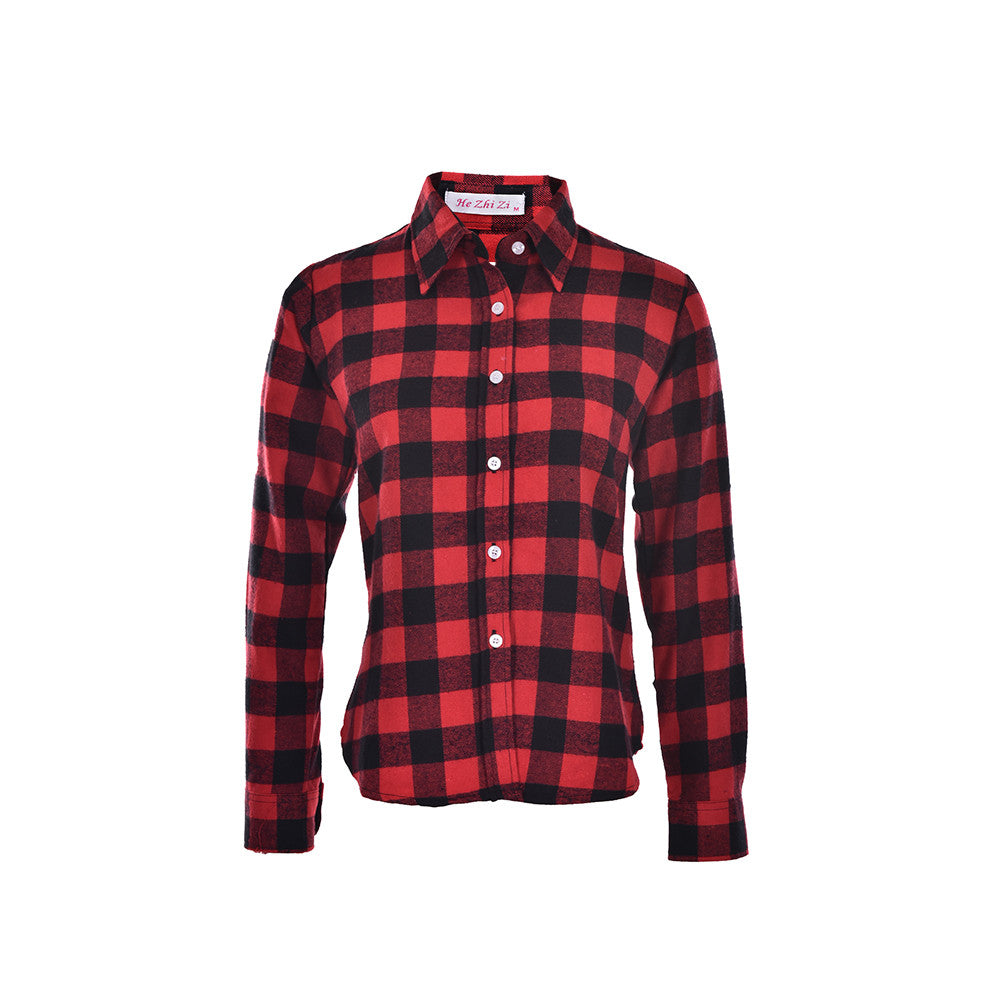 Women Casual Cotton Lapel Long-Sleeve Plaid Shirt Ladies Slim Outerwear Blouse Tops J4U66