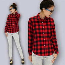 Women Casual Cotton Lapel Long-Sleeve Plaid Shirt Ladies Slim Outerwear Blouse Tops J4U66