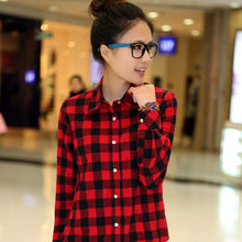 Women Casual Cotton Lapel Long-Sleeve Plaid Shirt Ladies Slim Outerwear Blouse Tops J4U66