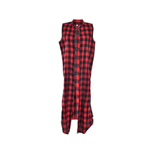 Women Casual Loose Long Plaid Blouses Sleeveless Split Shirts Lapel Tops Cardigan Coats J4U66