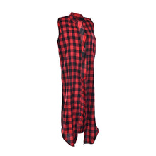Women Casual Loose Long Plaid Blouses Sleeveless Split Shirts Lapel Tops Cardigan Coats J4U66