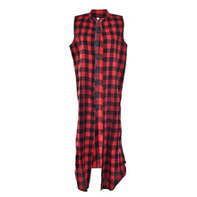 Women Casual Loose Long Plaid Blouses Sleeveless Split Shirts Lapel Tops Cardigan Coats J4U66