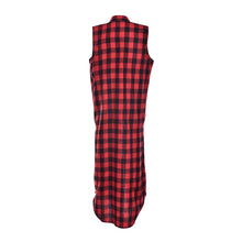 Women Casual Loose Long Plaid Blouses Sleeveless Split Shirts Lapel Tops Cardigan Coats J4U66