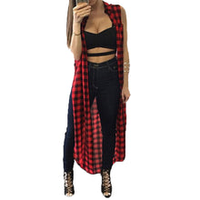Women Casual Loose Long Plaid Blouses Sleeveless Split Shirts Lapel Tops Cardigan Coats J4U66