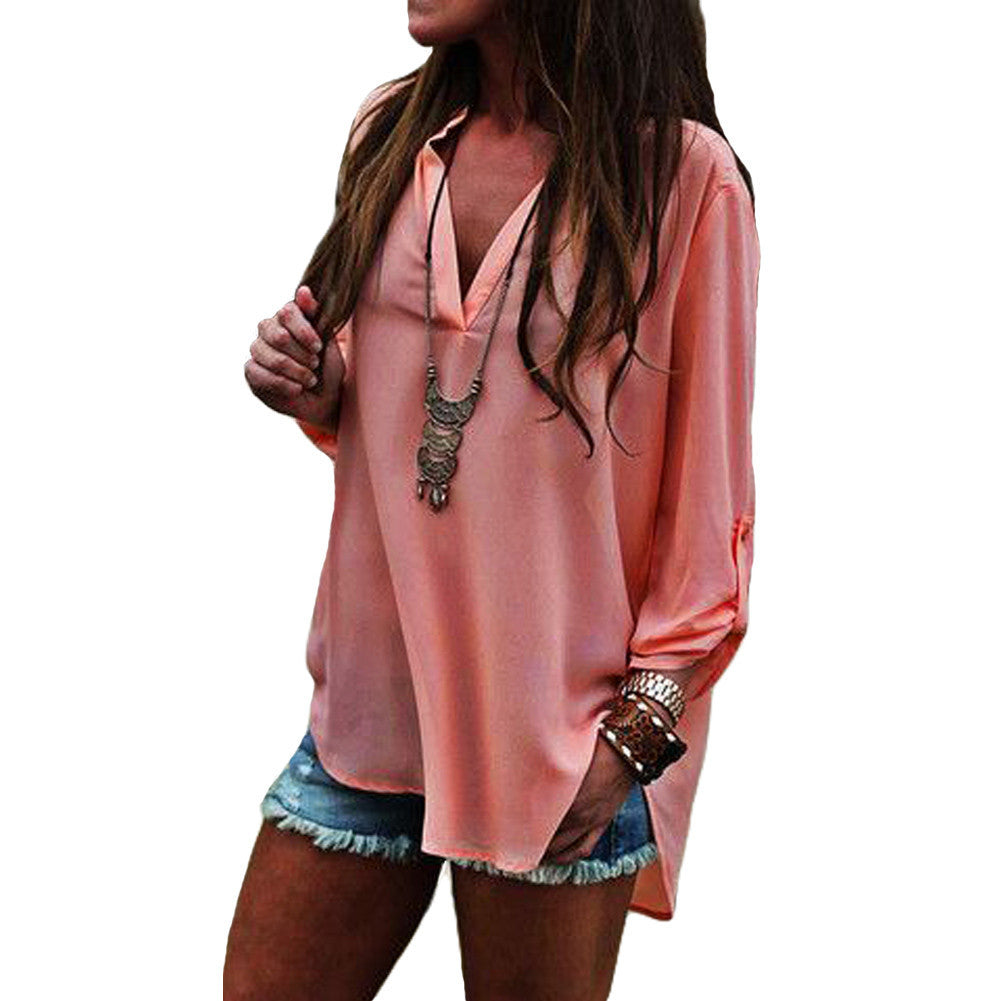 women chiffon blouse top solidcolor irregular hem long sleeve casual chiffon shirt plus size button tops blusas J4U66