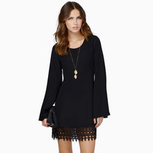 women chiffon shift dress crochet lace hem long sleeve mini dress black white vestidos femininos sale J4U66