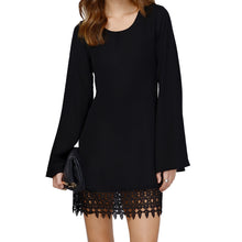 women chiffon shift dress crochet lace hem long sleeve mini dress black white vestidos femininos sale J4U66