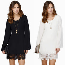 women chiffon shift dress crochet lace hem long sleeve mini dress black white vestidos femininos sale J4U66