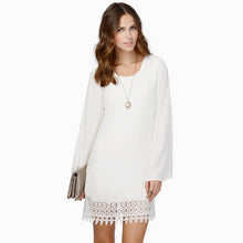 women chiffon shift dress crochet lace hem long sleeve mini dress black white vestidos femininos sale J4U66