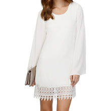 women chiffon shift dress crochet lace hem long sleeve mini dress black white vestidos femininos sale J4U66
