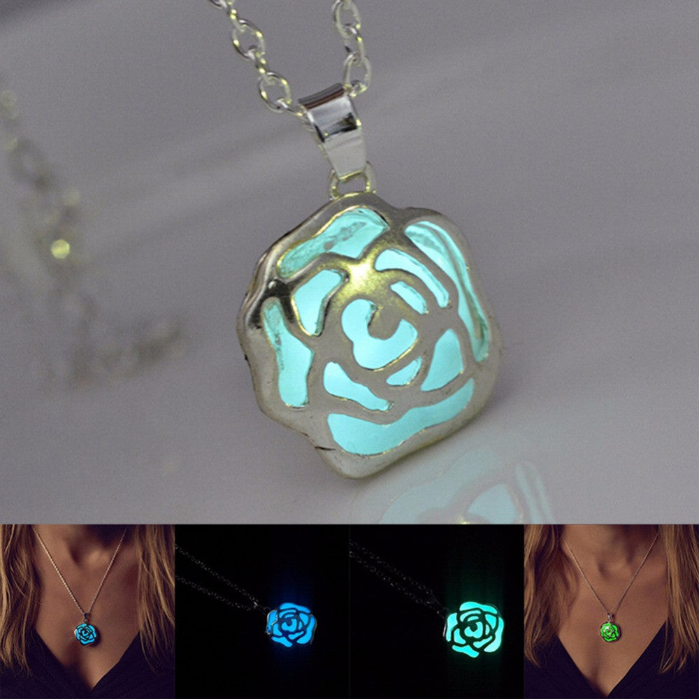 Women Chocker Pendants Necklace Glow In The Dark Locket Hollow Glowing Rose Shape Stone Pendant J4U66