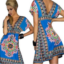 Fashion Women Deep V-Neck Dress Floral Print Short Sleeve Beach Boho Knee Length Sundress J4U66