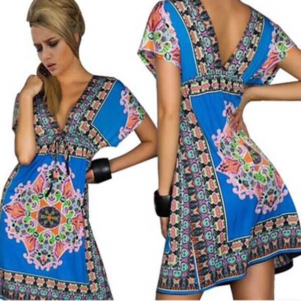 Fashion Women Deep V-Neck Dress Floral Print Short Sleeve Beach Boho Knee Length Sundress J4U66