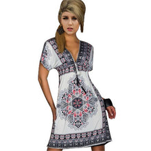 Fashion Women Deep V-Neck Dress Floral Print Short Sleeve Beach Boho Knee Length Sundress J4U66