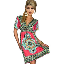 Fashion Women Deep V-Neck Dress Floral Print Short Sleeve Beach Boho Knee Length Sundress J4U66