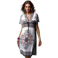 Fashion Women Deep V-Neck Dress Floral Print Short Sleeve Beach Boho Knee Length Sundress J4U66