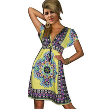 Fashion Women Deep V-Neck Dress Floral Print Short Sleeve Beach Boho Knee Length Sundress J4U66