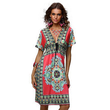 Fashion Women Deep V-Neck Dress Floral Print Short Sleeve Beach Boho Knee Length Sundress J4U66