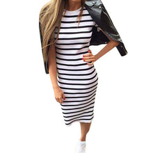 Women Dress Casual Slim Sheath Dresses Round Neck Striped Dress Short Sleeve Bodycon Dress J4U66