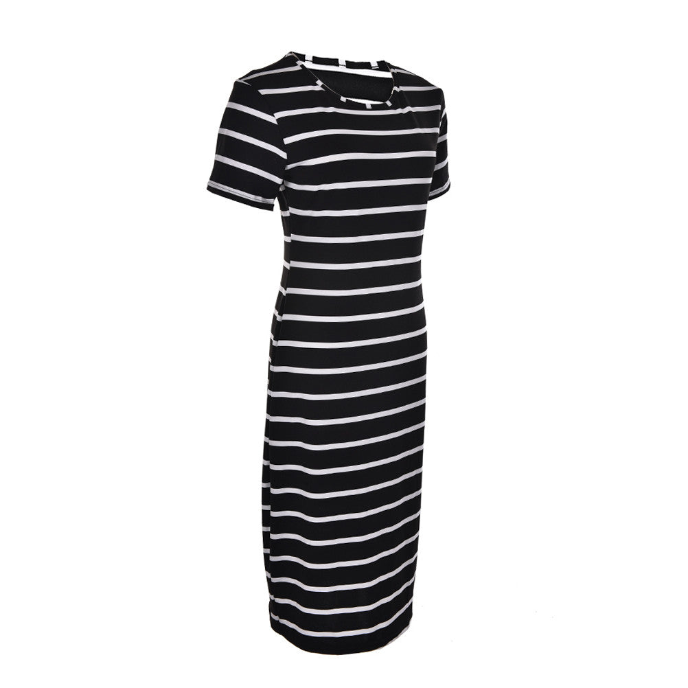 Women Dress Casual Slim Sheath Dresses Round Neck Striped Dress Short Sleeve Bodycon Dress J4U66