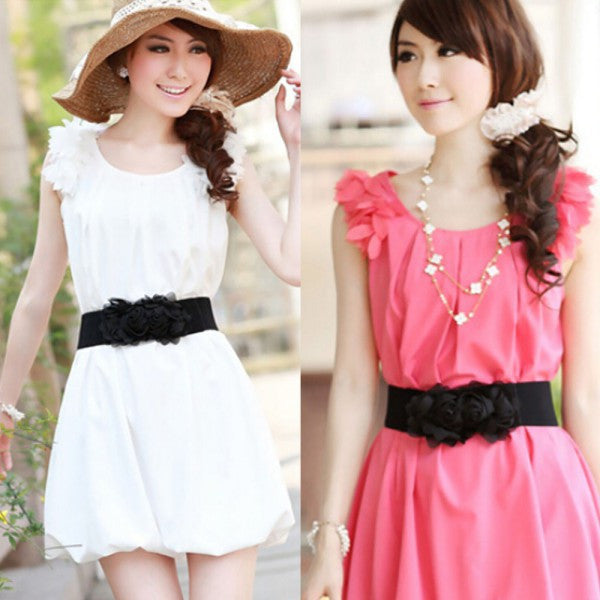 Fashion Women Girl Chiffon Flower Double Rose Flower Elastic Stretch Waist Belt J4U66