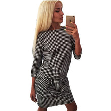 Fashion Women Houndstooth 3/4 Sleeve Casual Tight Slim Party Club Mini Dress PY3 J4U66