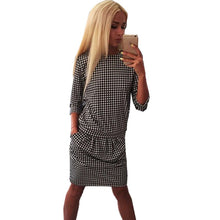 Fashion Women Houndstooth 3/4 Sleeve Casual Tight Slim Party Club Mini Dress PY3 J4U66