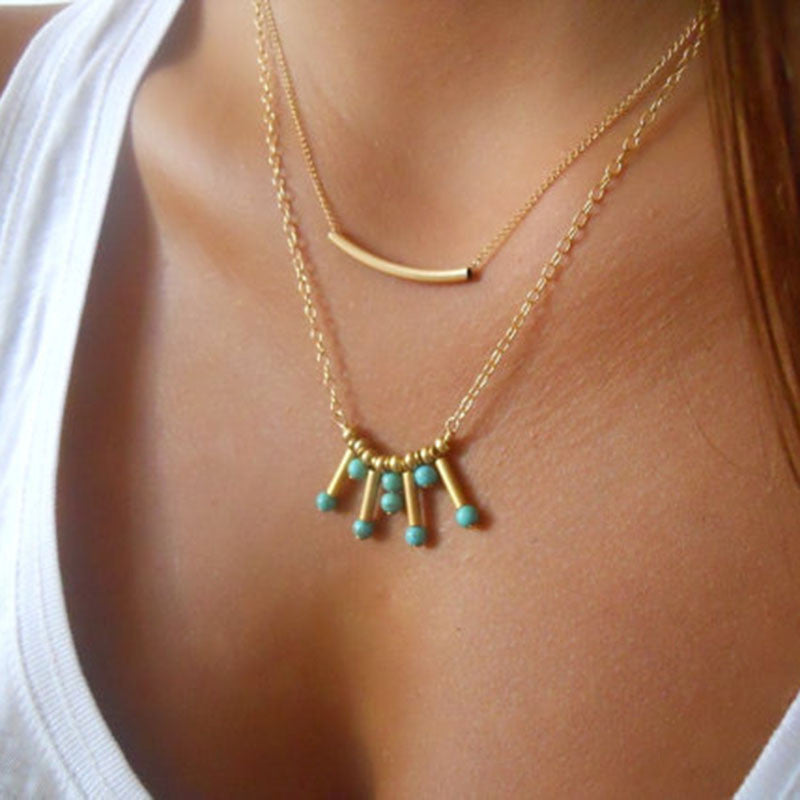 Women Jewelry Boho Gold Lasso Turquoise Beads Multilayers Exquisite Clavicle Necklaces J4U66