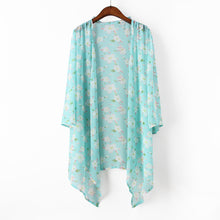 women kimono cardigan open front floral print irregular hem 3/4 sleeve chiffon shirt women blouses blue pink yellow J4U66