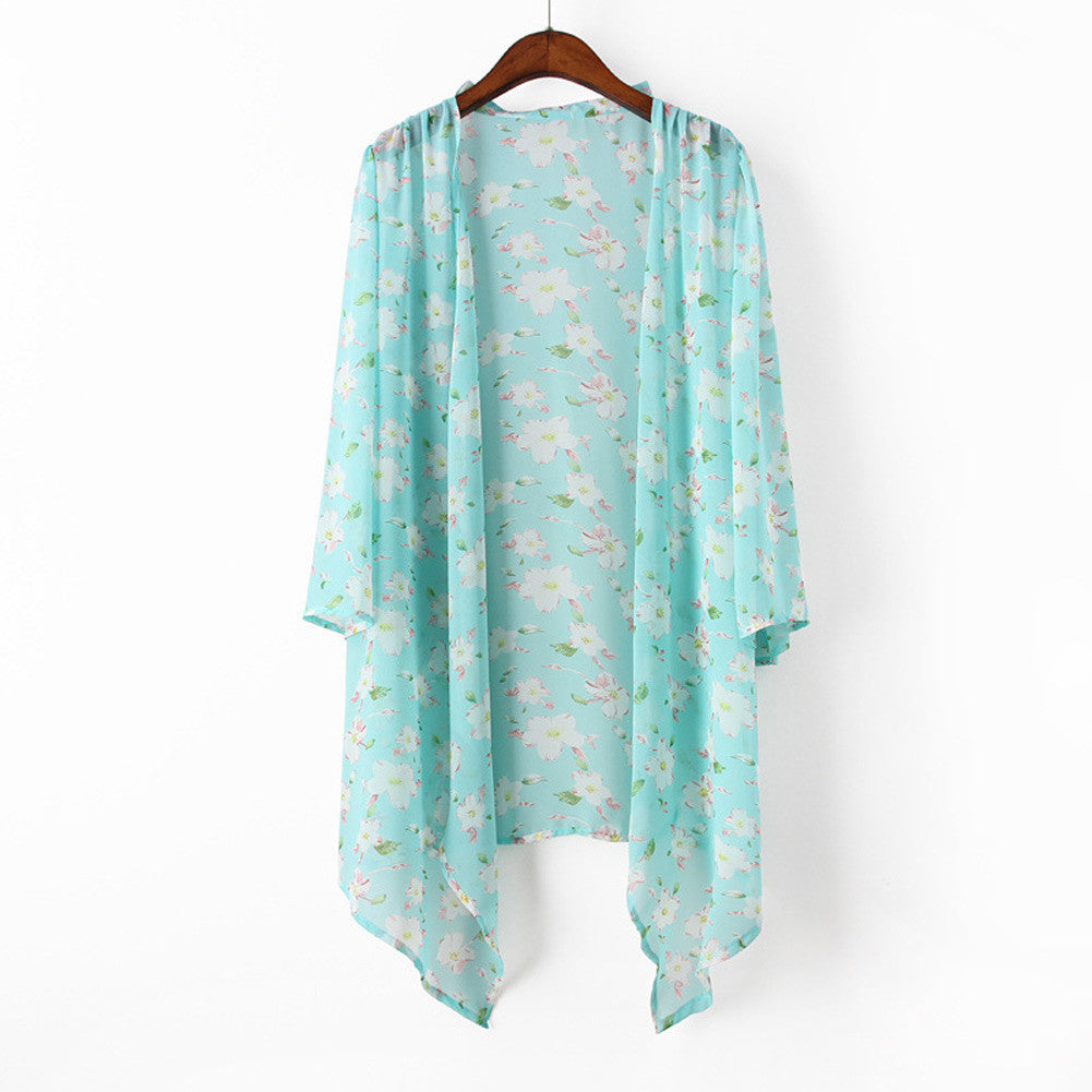women kimono cardigan open front floral print irregular hem 3/4 sleeve chiffon shirt women blouses blue pink yellow J4U66