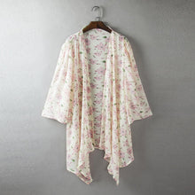 women kimono cardigan open front floral print irregular hem 3/4 sleeve chiffon shirt women blouses blue pink yellow J4U66