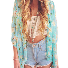 women kimono cardigan open front floral print irregular hem 3/4 sleeve chiffon shirt women blouses blue pink yellow J4U66