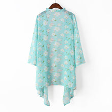 women kimono cardigan open front floral print irregular hem 3/4 sleeve chiffon shirt women blouses blue pink yellow J4U66