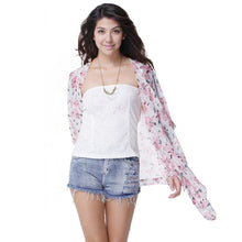 women kimono cardigan open front floral print irregular hem 3/4 sleeve chiffon shirt women blouses blue pink yellow J4U66