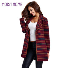 women knitted coat cardigan contrast stripe notched collar long sleeve warm sweater outerwear knitwear J4U66