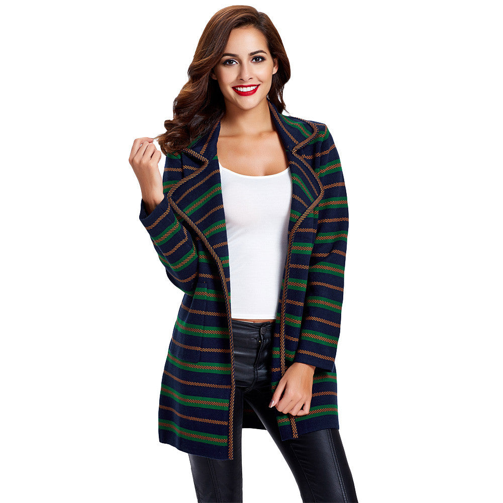 women knitted coat cardigan contrast stripe notched collar long sleeve warm sweater outerwear knitwear J4U66