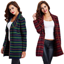 women knitted coat cardigan contrast stripe notched collar long sleeve warm sweater outerwear knitwear J4U66