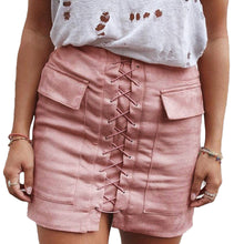 women lace up suede leather skirt sexy high waist bodycon skirt womens vintage pocket short pencil skirt faldas largas J4U66