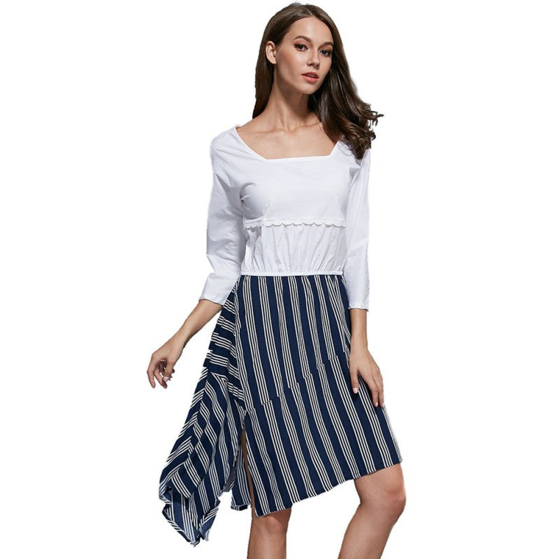 Fashion Women Ladies Patchwork Striped Irregular Dress 3/4 Sleeve Dresses Vestidos J4U66