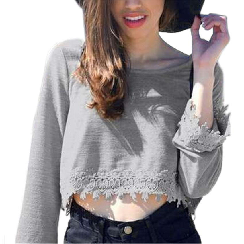 Fashion Women Lady Casual Pullover Long Sleeve Lace Backless Irregular T-Shirt Tops  J4U66
