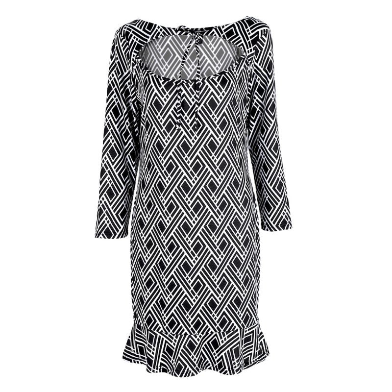 Fashion Women Lady Slim Trumpet Black and White Printed Pleated Mini Dress S-XL J4U66