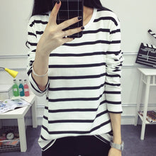 Women Long Sleeve Loose Blouse Striped Pattern Cotton Blend O-neck Tops Black/White M-2XL J4U66