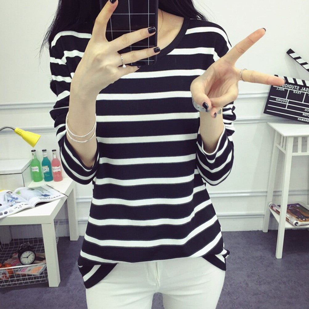 Women Long Sleeve Loose Blouse Striped Pattern Cotton Blend O-neck Tops Black/White M-2XL J4U66