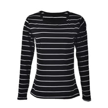 Women Long Sleeve Loose Blouse Striped Pattern Cotton Blend O-neck Tops Black/White M-2XL J4U66